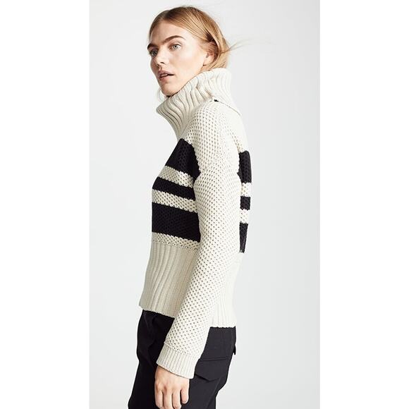 $97 CHASER Los Angeles Striped Turtleneck Sweater NEW Chunky Knit Black Ivory L - Picture 6 of 10